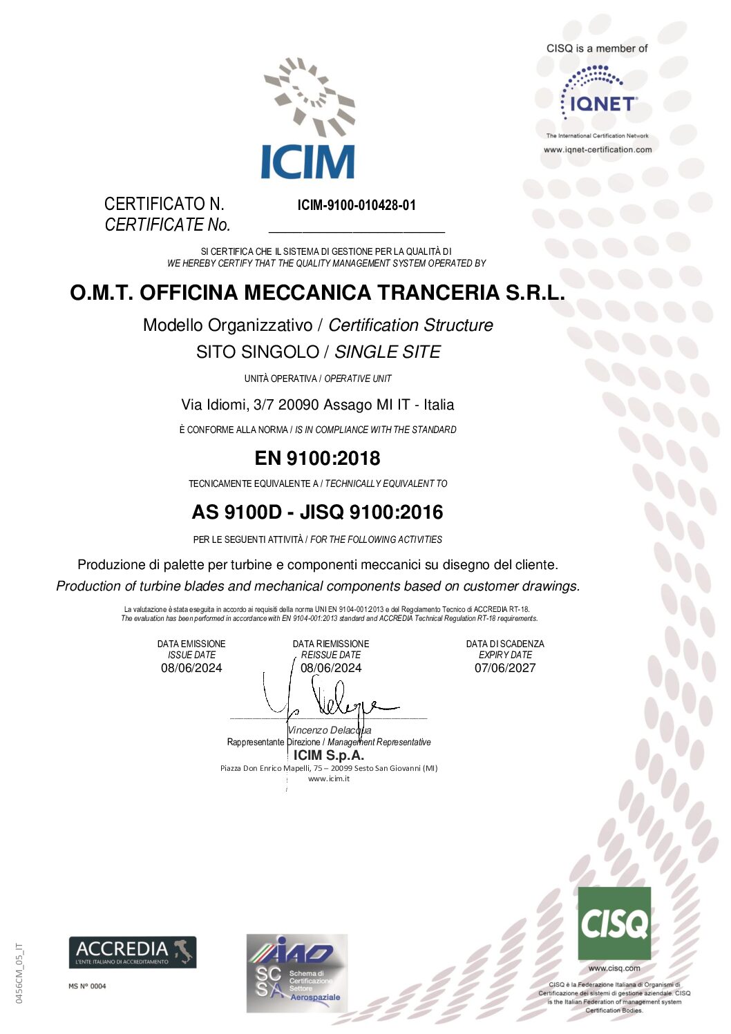 ICIM-9100-010428-01 O.M.T. OFFICINA MECCANICA TRANCERIA S.R.L.